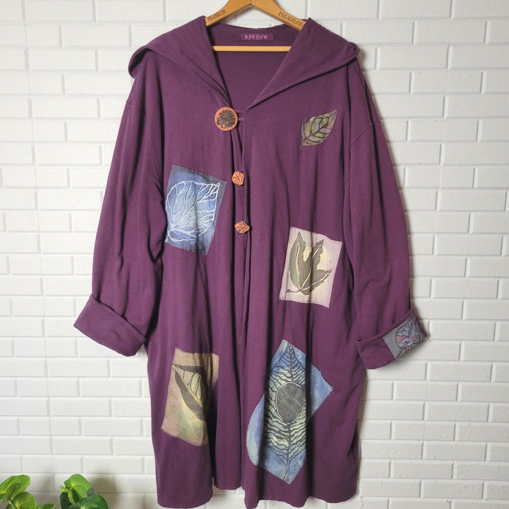 1998 Blue Fish Hooded Duster Jacket Purple Leaf Organic Cotton Lagenlook Artsy